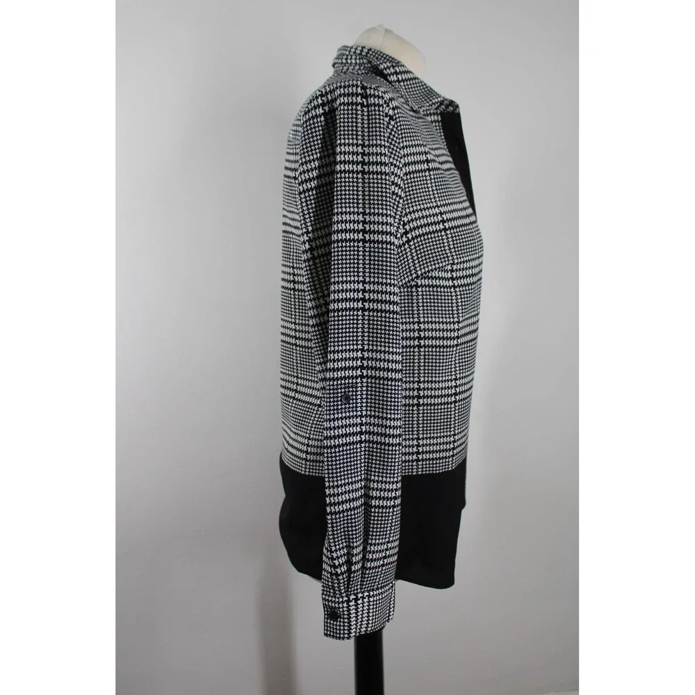 Talbots Size S Black White Plaid Button Down Blouse Mixed Media Roll Tab Sleeve - Picture 2 of 8